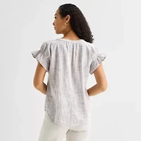 Liz Claiborne Womens Split Crew Neck Short Sleeve Blouse