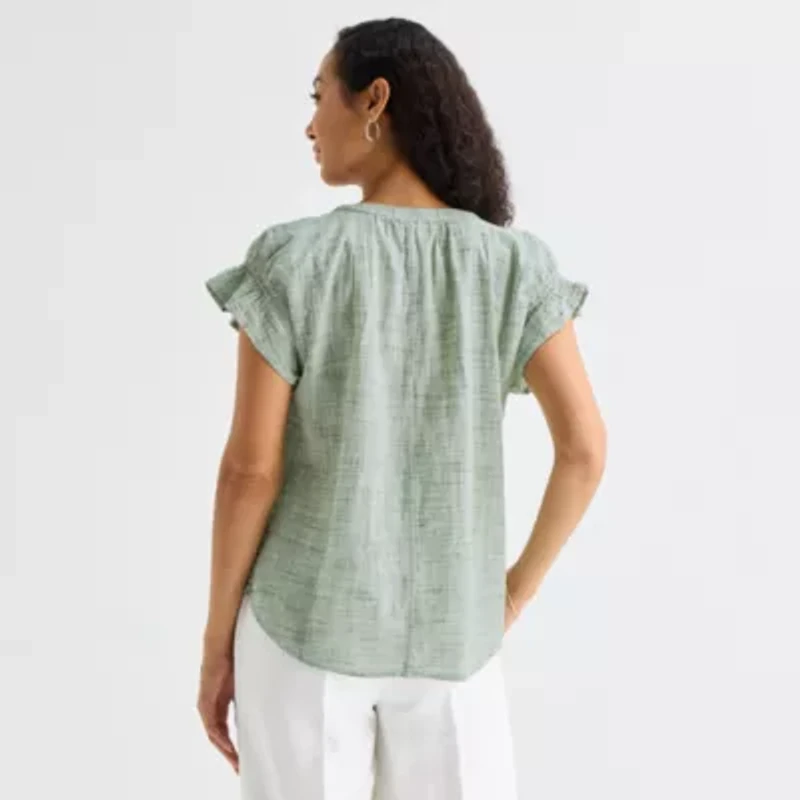 Liz Claiborne Womens Split Crew Neck Short Sleeve Blouse