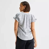 Liz Claiborne Womens Split Crew Neck Short Sleeve Blouse