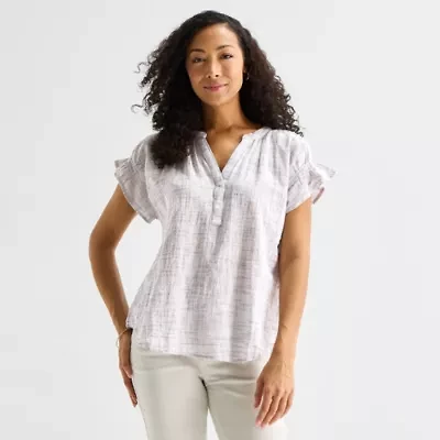 Liz Claiborne Womens Split Crew Neck Short Sleeve Blouse