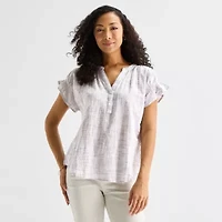 Liz Claiborne Womens Split Crew Neck Short Sleeve Blouse