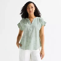 Liz Claiborne Womens Split Crew Neck Short Sleeve Blouse