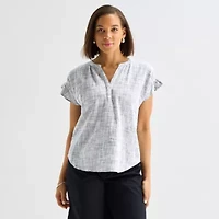 Liz Claiborne Womens Split Crew Neck Short Sleeve Blouse