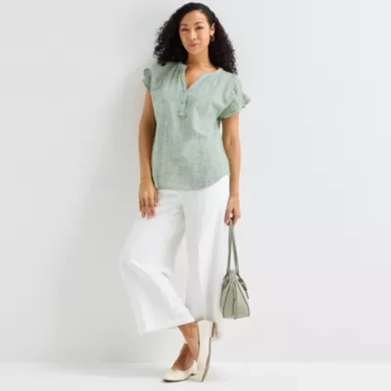 Liz Claiborne Womens Split Crew Neck Short Sleeve Blouse