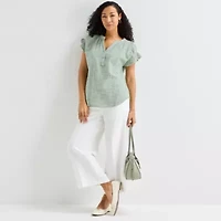 Liz Claiborne Womens Split Crew Neck Short Sleeve Blouse