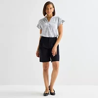 Liz Claiborne Womens Split Crew Neck Short Sleeve Blouse