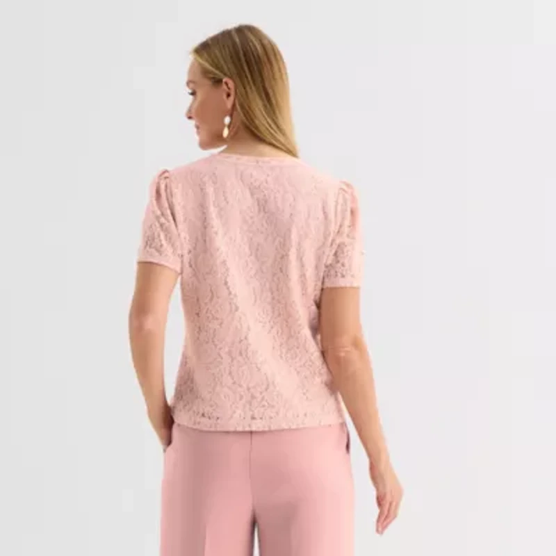 Liz Claiborne Womens Crew Neck Short Sleeve Lace Blouse