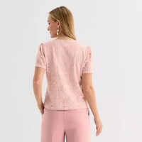 Liz Claiborne Womens Crew Neck Short Sleeve Lace Blouse