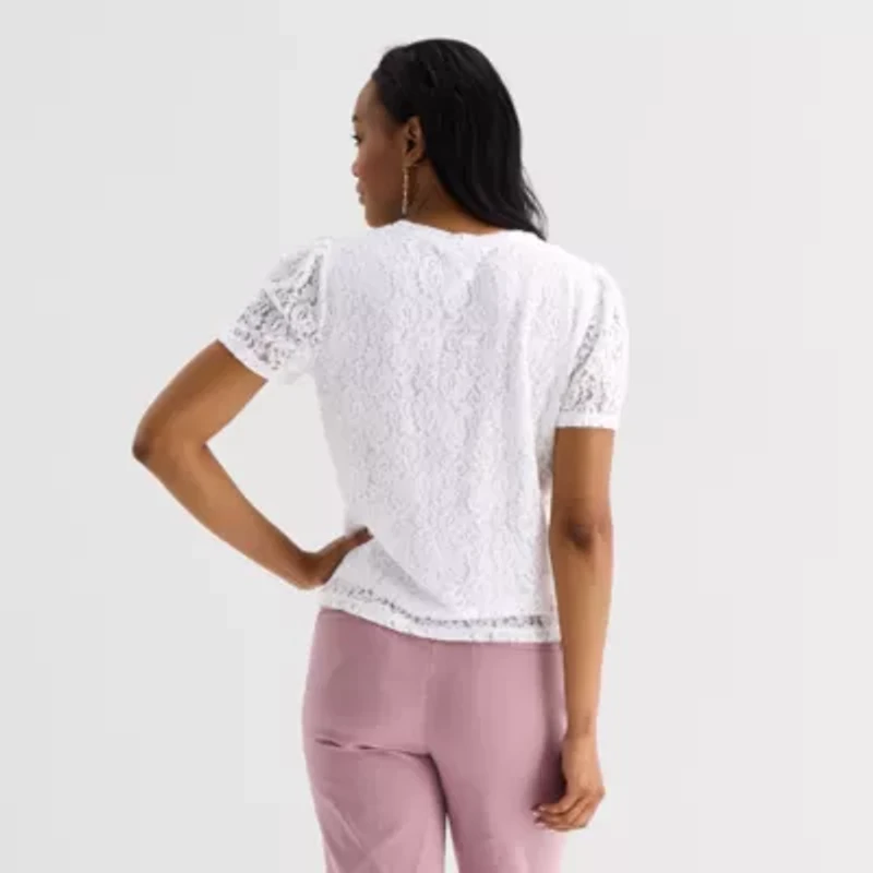 Liz Claiborne Womens Crew Neck Short Sleeve Lace Blouse