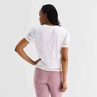 Liz Claiborne Womens Crew Neck Short Sleeve Lace Blouse