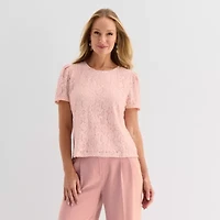 Liz Claiborne Womens Crew Neck Short Sleeve Lace Blouse