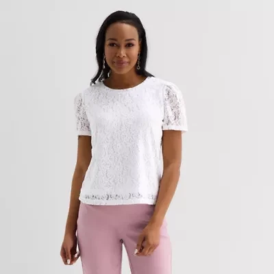 Liz Claiborne Womens Crew Neck Short Sleeve Lace Blouse