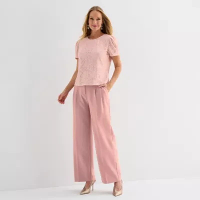 Liz Claiborne Womens Crew Neck Short Sleeve Lace Blouse