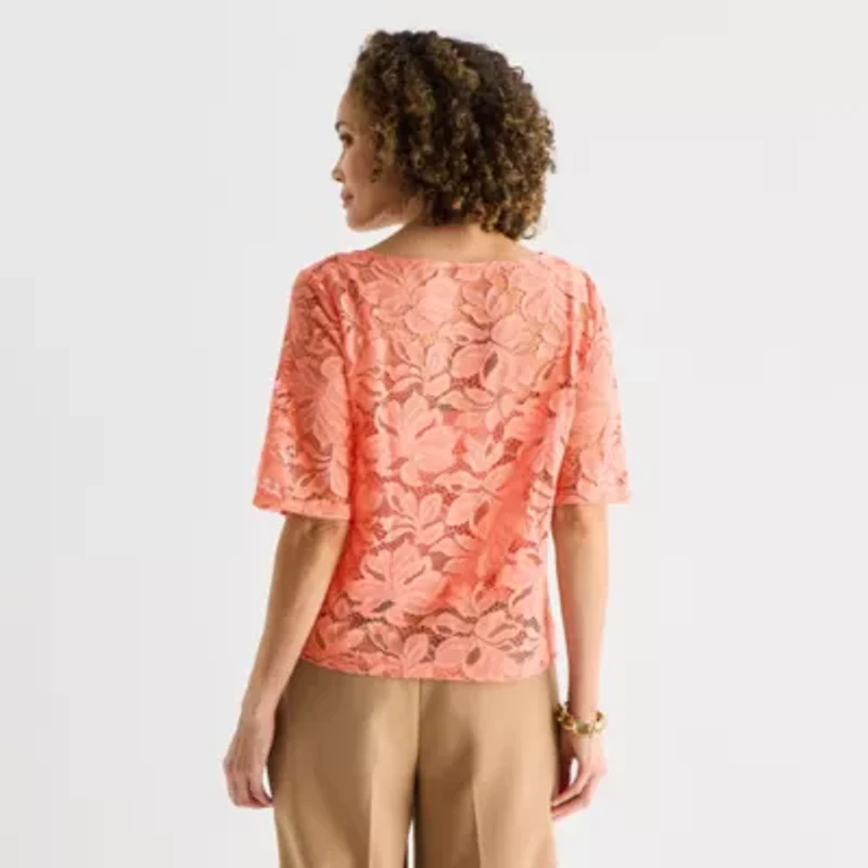 Liz Claiborne Womens Boat Neck Elbow Sleeve Lace Blouse