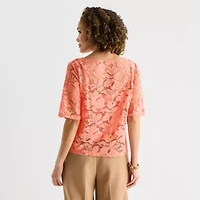 Liz Claiborne Womens Boat Neck Elbow Sleeve Lace Blouse