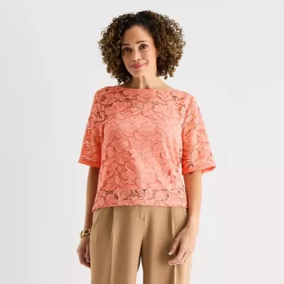 Liz Claiborne Womens Boat Neck Elbow Sleeve Lace Blouse