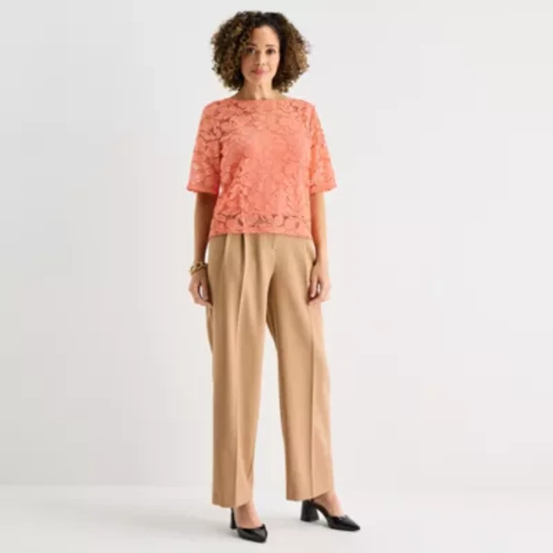 Liz Claiborne Womens Boat Neck Elbow Sleeve Lace Blouse