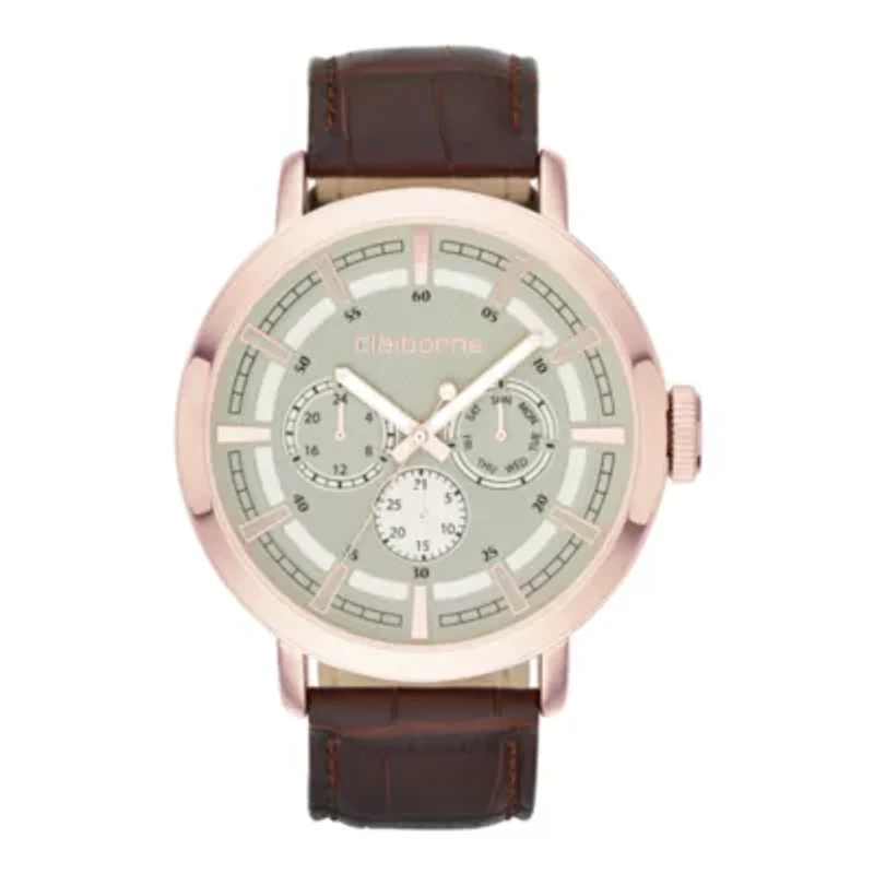 Claiborne® Mens Rose-Tone Leather Strap Multifunction Watch