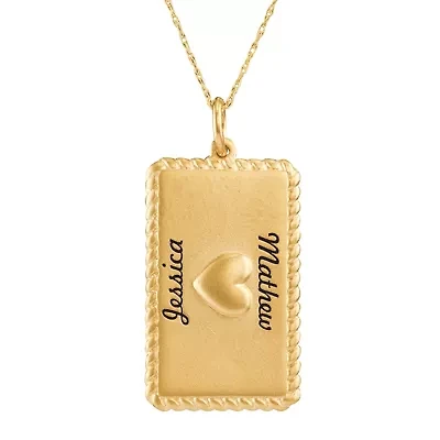 Personalized 10K Yellow Gold Rectangular Puffed Heart Pendant Necklace