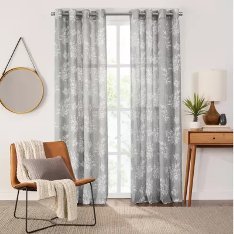 Fieldcrest Arden Tossed Bouquet Cotton Grommet Top Sheer Single Curtain Panel