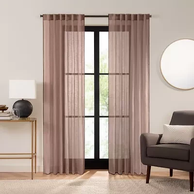Fieldcrest Luxury Linen Border Stripe Rod Pocket Back Tab Sheer Single Curtain Panel