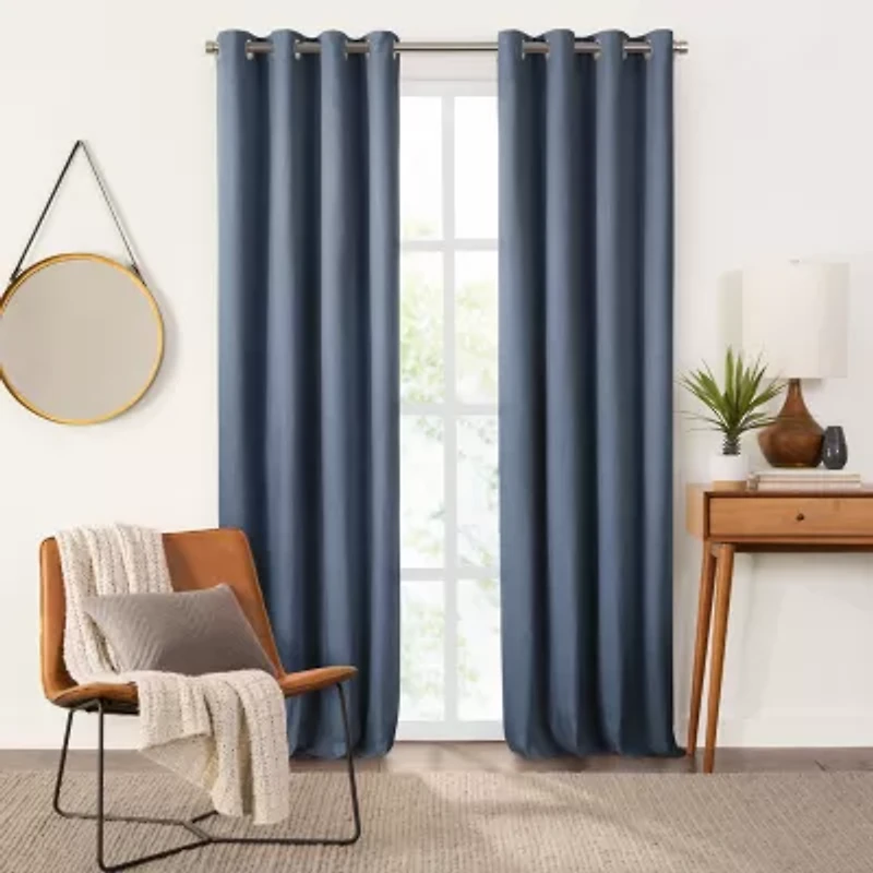 Fieldcrest Devin Solid Cotton Chambray Grommet Top Energy Saving 100% Blackout Single Curtain Panel