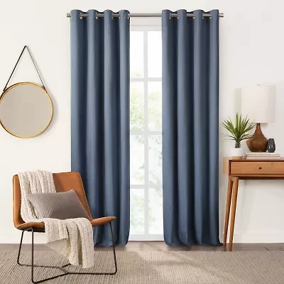 Fieldcrest Devin Solid Cotton Chambray Grommet Top Energy Saving 100% Blackout Single Curtain Panel