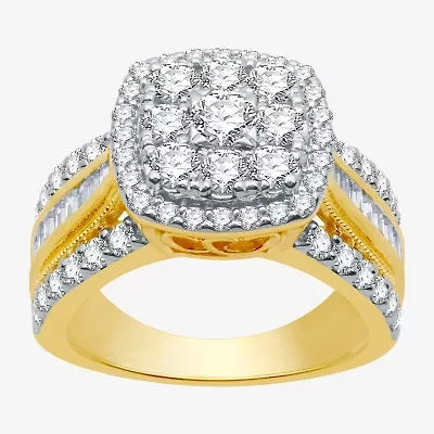 Womens 2 CT. T.W. Natural White Diamond 10K Gold Cushion Side Stone Halo Engagement Ring