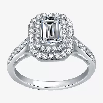 Signature By Modern Bride (H-I / I1) Womens 1 1/2 CT. T.W. Lab Grown Diamond 10K White Gold Side Stone Halo Engagement Ring