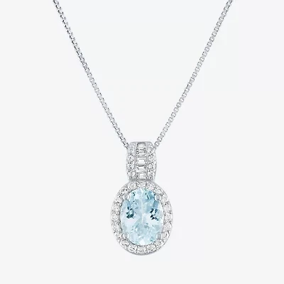 Womens Simulated Blue Aquamarine Sterling Silver Oval 18 Inch Pendant Necklace