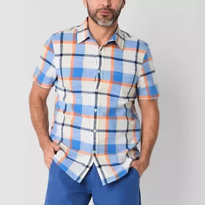 St. John's Bay Textured No Tuck Mens Short Sleeve Classic Fit Button-Down Shirt