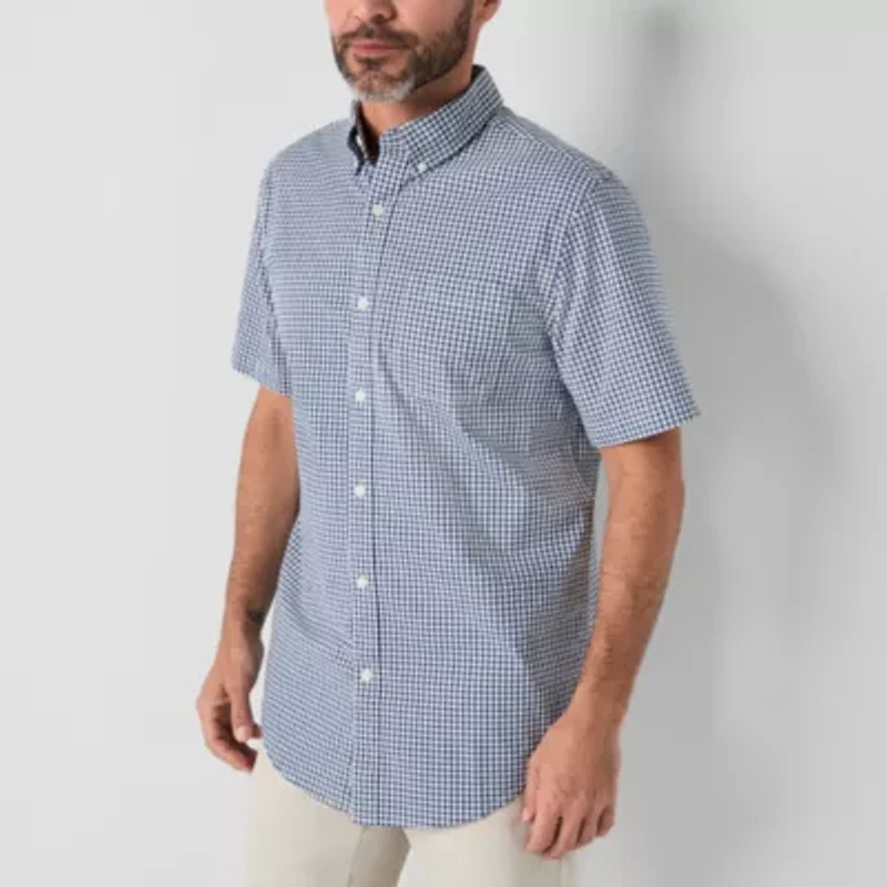 St. John's Bay Poplin Mens Easy-on + Easy-off Seated Wear Short Sleeve Classic Fit Button-Down Shirt