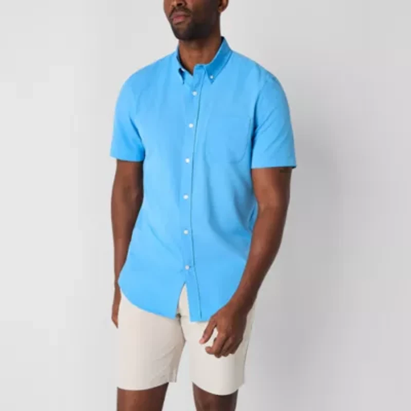 St. John's Bay Performance Mens Short Sleeve Slim Fit Stretch Fabric Button-Down Shirt