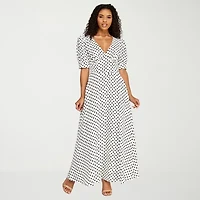 Premier Amour Womens Short Sleeve Polka Dot Midi Fit + Flare Dress