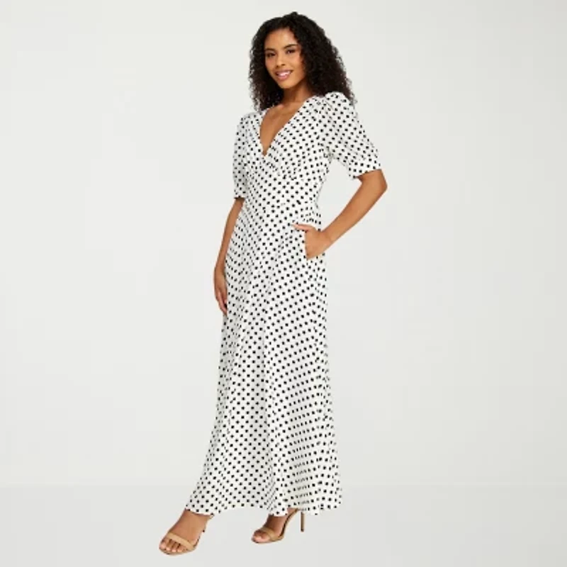 Premier Amour Womens Short Sleeve Polka Dot Midi Fit + Flare Dress