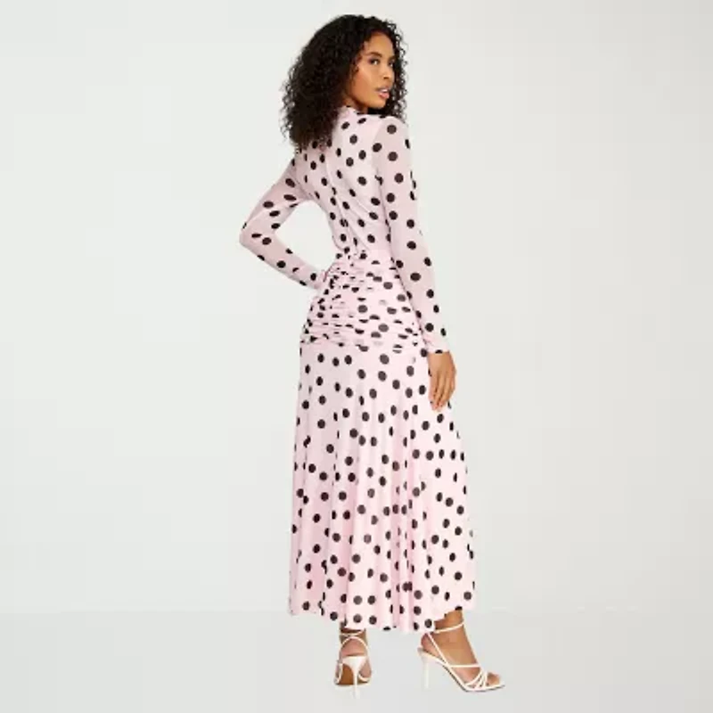 Premier Amour Womens Long Sleeve Polka Dot Midi Fit + Flare Dress