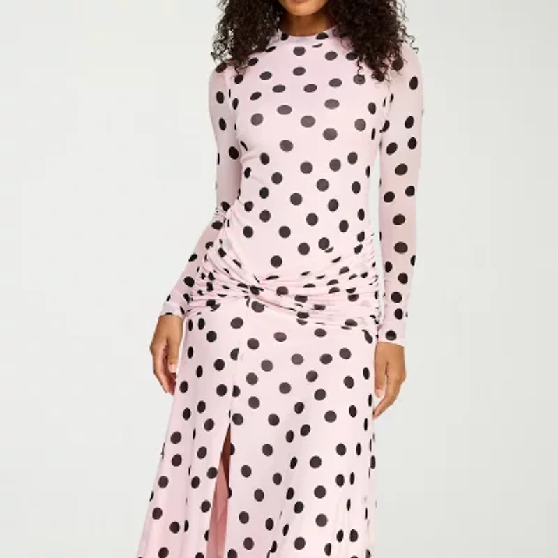 Premier Amour Womens Long Sleeve Polka Dot Midi Fit + Flare Dress