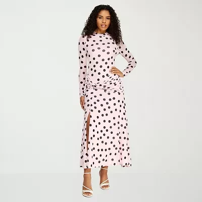 Premier Amour Womens Long Sleeve Polka Dot Midi Fit + Flare Dress