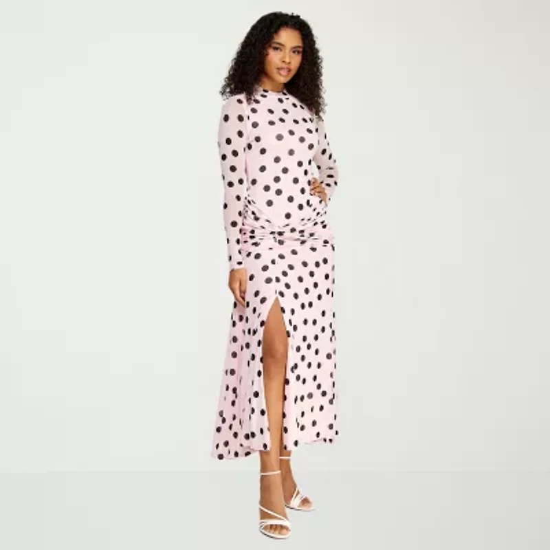 Premier Amour Womens Long Sleeve Polka Dot Midi Fit + Flare Dress