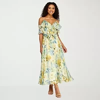 Premier Amour Womens Short Sleeve Cold-Shoulder Floral Midi Fit + Flare Dress
