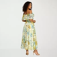 Premier Amour Womens Short Sleeve Cold-Shoulder Floral Midi Fit + Flare Dress
