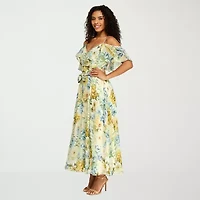 Premier Amour Womens Short Sleeve Cold-Shoulder Floral Midi Fit + Flare Dress