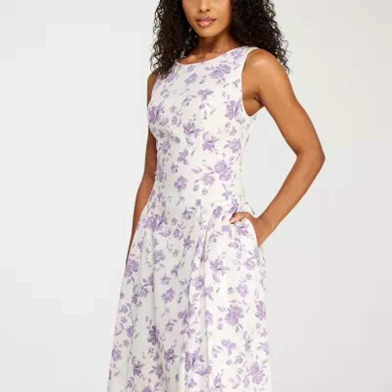 Premier Amour Womens Sleeveless Floral Midi Fit + Flare Dress