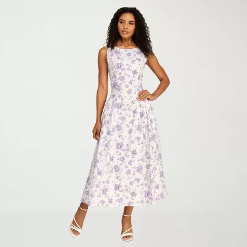 Premier Amour Womens Sleeveless Floral Midi Fit + Flare Dress