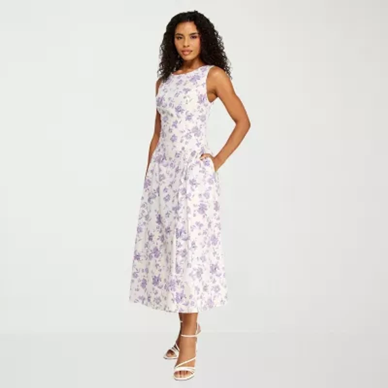 Premier Amour Womens Sleeveless Floral Midi Fit + Flare Dress