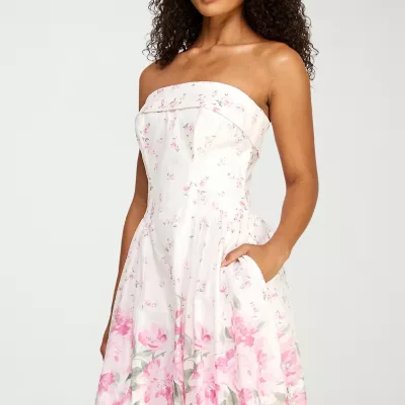Premier Amour Womens Strapless  Floral Midi Fit + Flare Dress