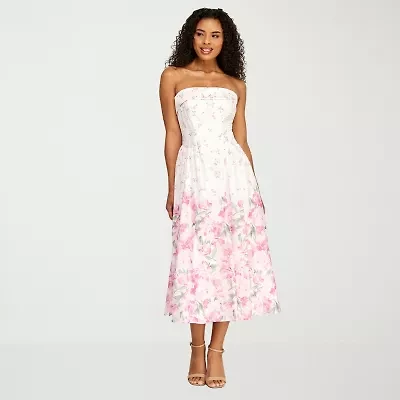 Premier Amour Womens Strapless Floral Midi Fit + Flare Dress