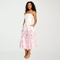 Premier Amour Womens Strapless  Floral Midi Fit + Flare Dress