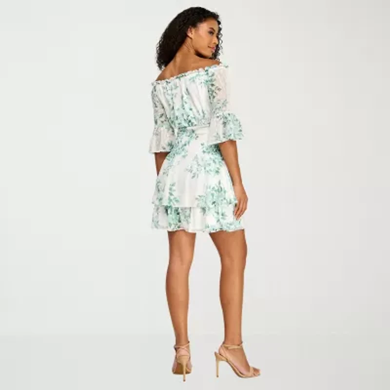 Premier Amour Womens Off The Shoulder Short Sleeve Floral Midi Fit + Flare Dress