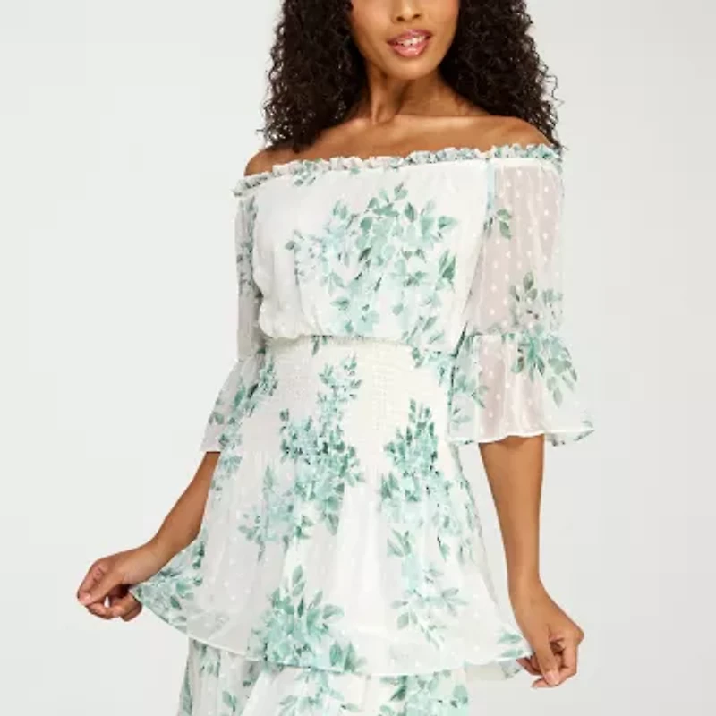 Premier Amour Womens Off The Shoulder Short Sleeve Floral Midi Fit + Flare Dress